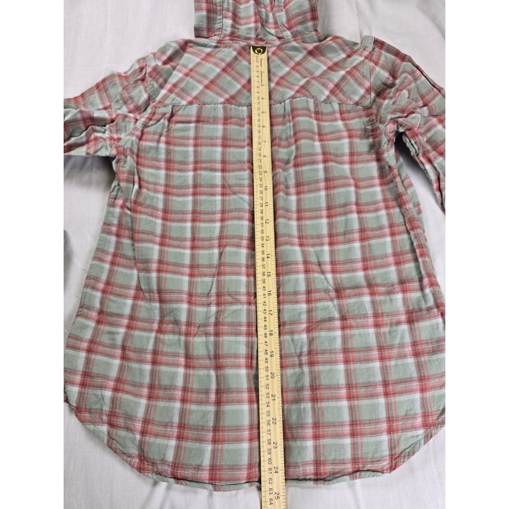 Columbia Shirt Womens Medium Green Plaid Hooded Button Up Roll Tab Long Sleeve - Picture 6 of 10
